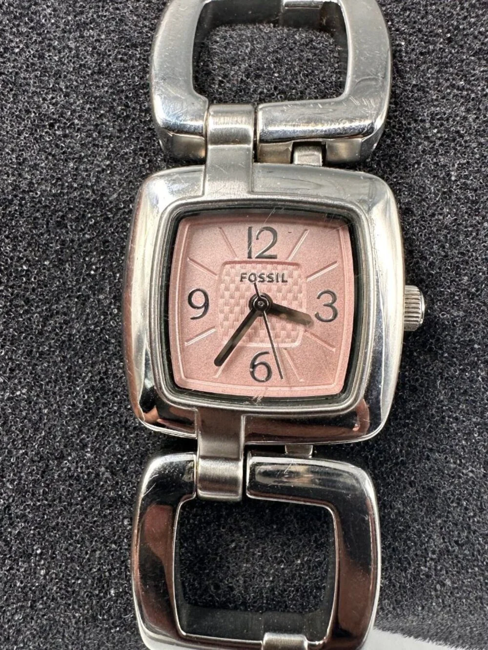 Fossil Watch Womens Pink Dial Stainless Steel Square 24MM New Battery 6.75